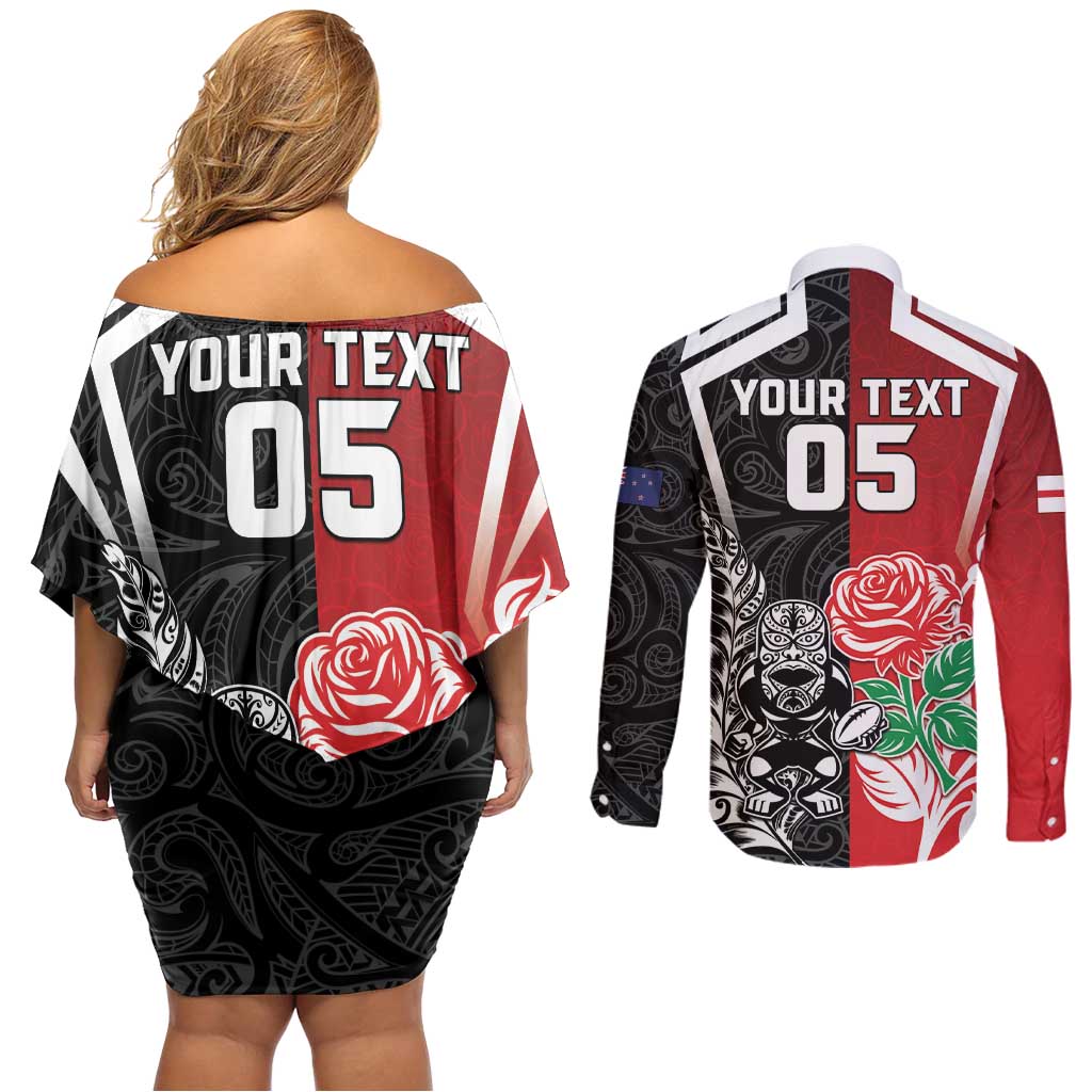 New Zealand And England Rugby Custom Couples Matching Off Shoulder Short Dress and Long Sleeve Button Shirt Maori Tiki With Red Rose Together