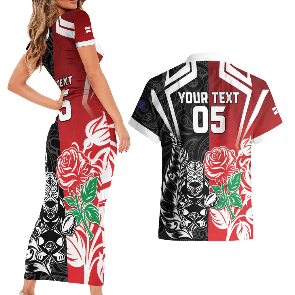 New Zealand And England Rugby Custom Couples Matching Short Sleeve Bodycon Dress and Hawaiian Shirt Maori Tiki With Red Rose Together