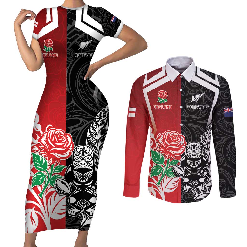 New Zealand And England Rugby Custom Couples Matching Short Sleeve Bodycon Dress and Long Sleeve Button Shirt Maori Tiki With Red Rose Together