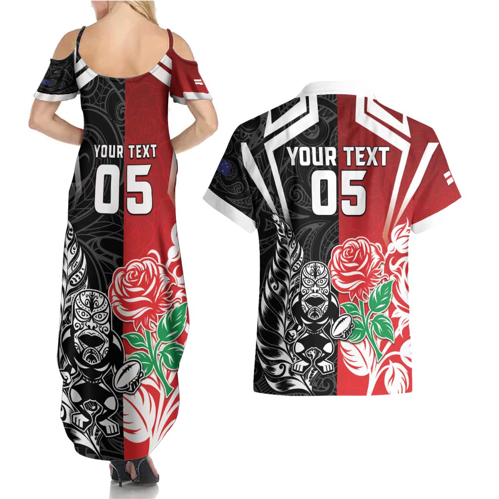 New Zealand And England Rugby Custom Couples Matching Summer Maxi Dress and Hawaiian Shirt Maori Tiki With Red Rose Together