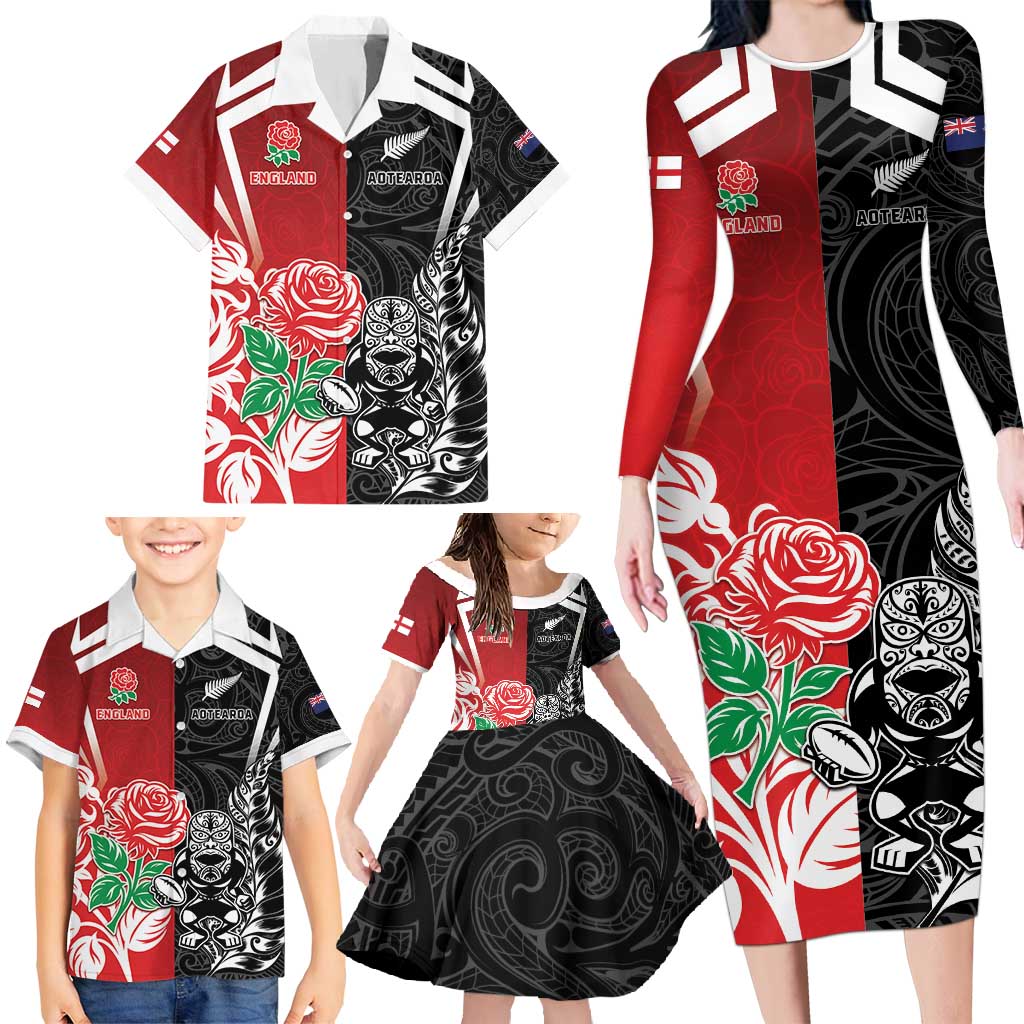 New Zealand And England Rugby Custom Family Matching Long Sleeve Bodycon Dress and Hawaiian Shirt Maori Tiki With Red Rose Together