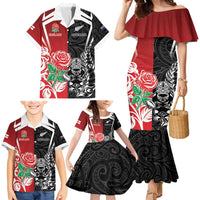 New Zealand And England Rugby Custom Family Matching Mermaid Dress and Hawaiian Shirt Maori Tiki With Red Rose Together