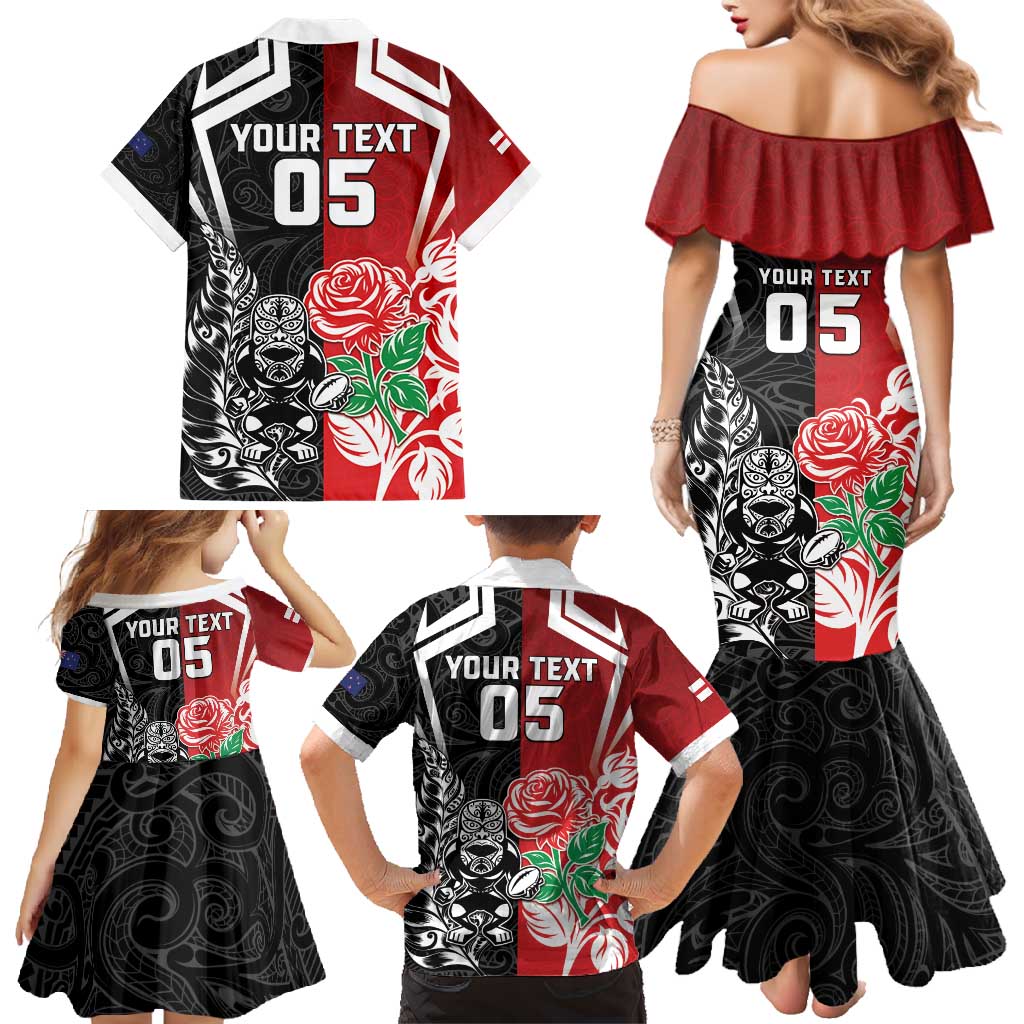 New Zealand And England Rugby Custom Family Matching Mermaid Dress and Hawaiian Shirt Maori Tiki With Red Rose Together