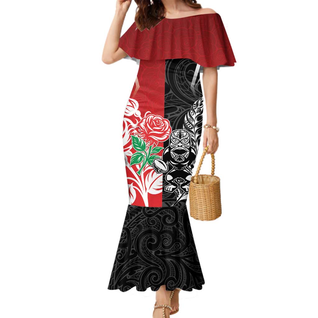 New Zealand And England Rugby Custom Family Matching Mermaid Dress and Hawaiian Shirt Maori Tiki With Red Rose Together