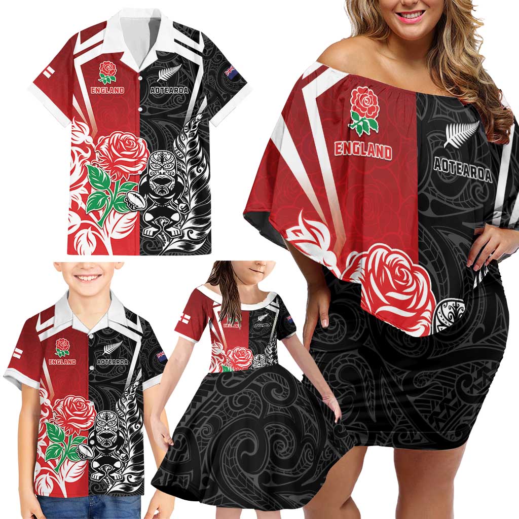 New Zealand And England Rugby Custom Family Matching Off Shoulder Short Dress and Hawaiian Shirt Maori Tiki With Red Rose Together