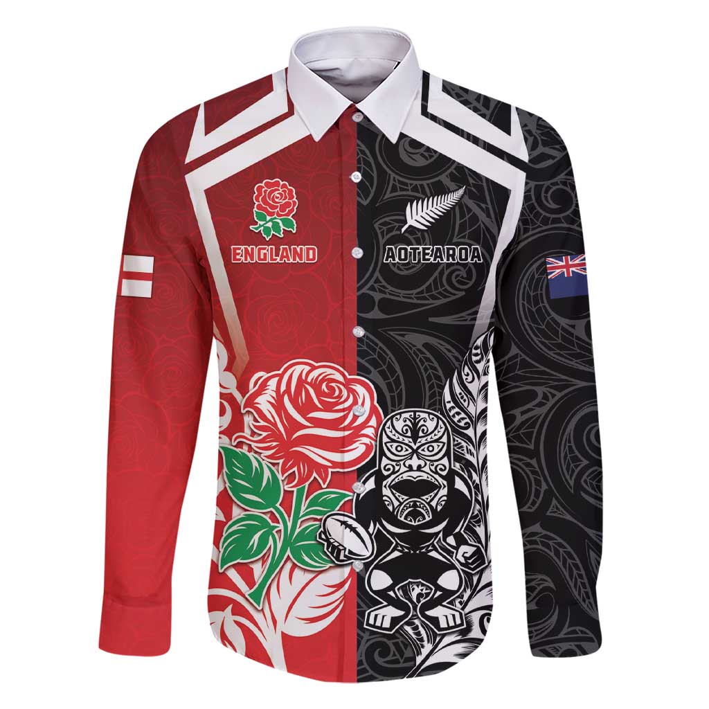 New Zealand And England Rugby Custom Family Matching Short Sleeve Bodycon Dress and Hawaiian Shirt Maori Tiki With Red Rose Together