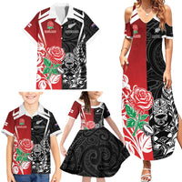New Zealand And England Rugby Custom Family Matching Summer Maxi Dress and Hawaiian Shirt Maori Tiki With Red Rose Together