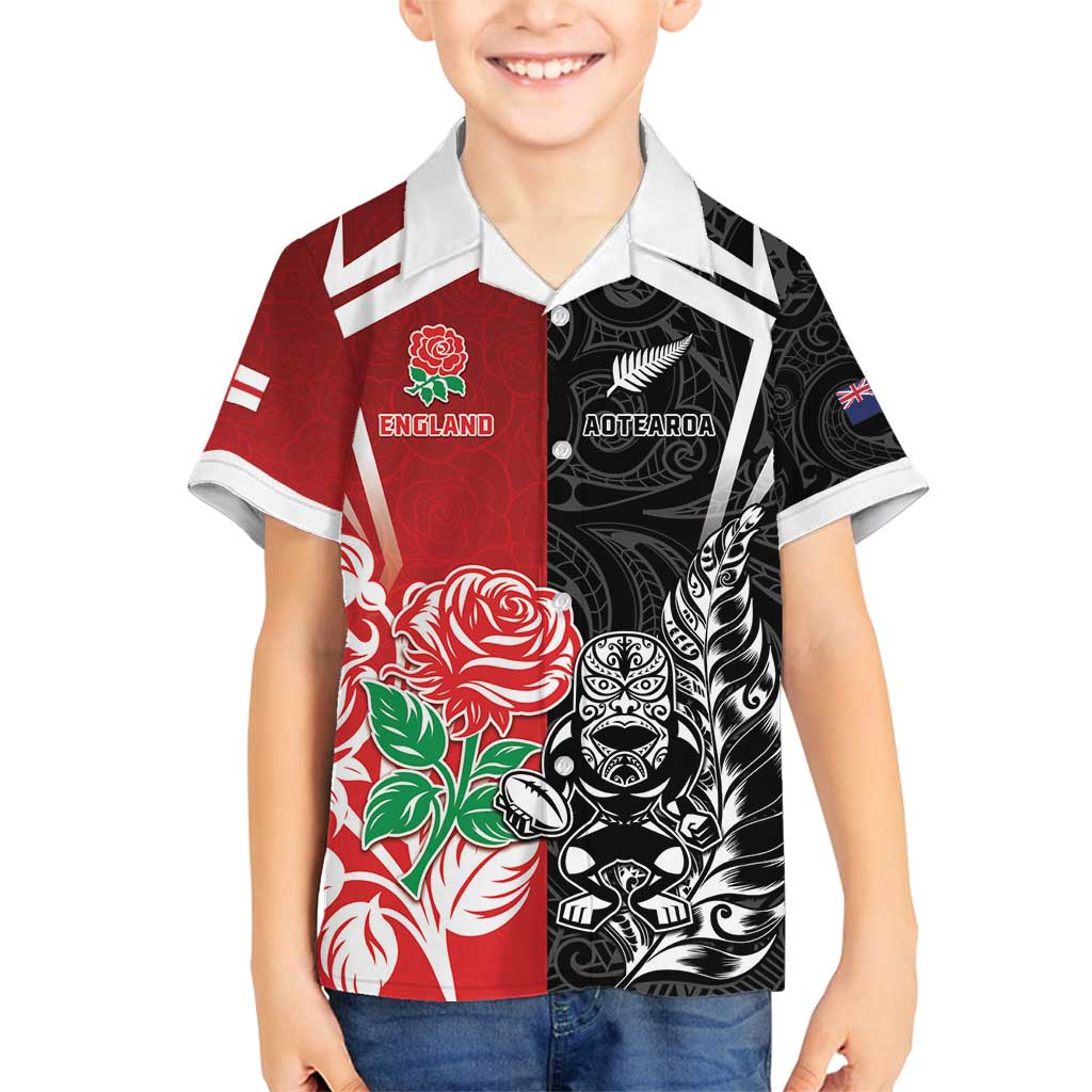 New Zealand And England Rugby Custom Family Matching Tank Maxi Dress and Hawaiian Shirt Maori Tiki With Red Rose Together