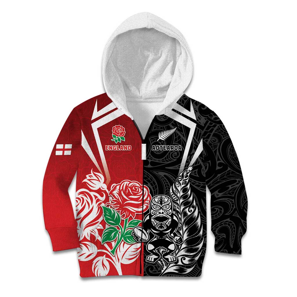 New Zealand And England Rugby Custom Kid Hoodie Maori Tiki With Red Rose Together