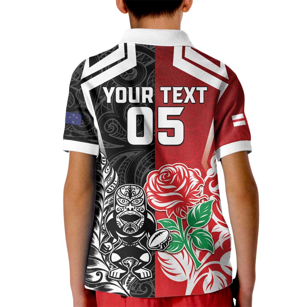New Zealand And England Rugby Custom Kid Polo Shirt Maori Tiki With Red Rose Together