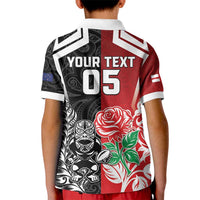 New Zealand And England Rugby Custom Kid Polo Shirt Maori Tiki With Red Rose Together
