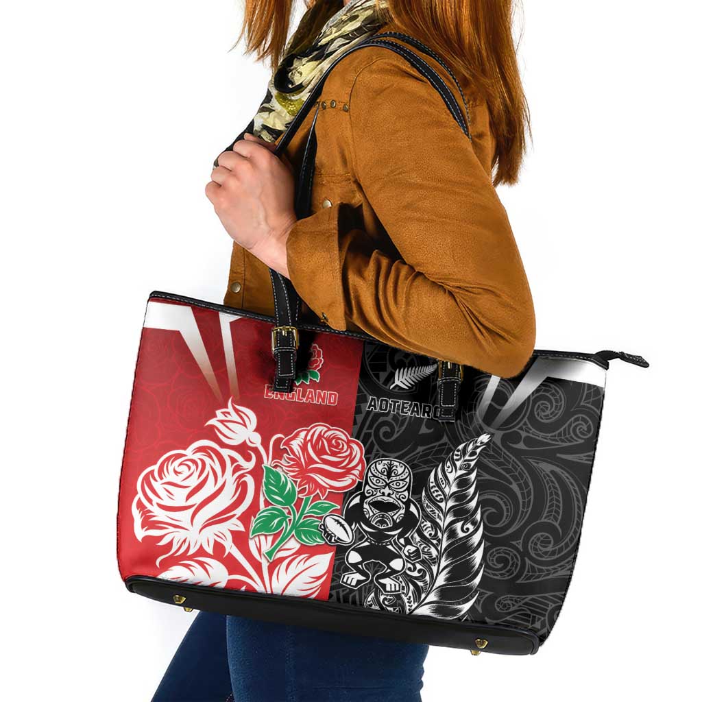 New Zealand And England Rugby Leather Tote Bag Maori Tiki With Red Rose Together LT05 Red - Polynesian Pride