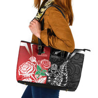 New Zealand And England Rugby Leather Tote Bag Maori Tiki With Red Rose Together LT05 Red - Polynesian Pride