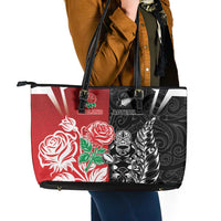 New Zealand And England Rugby Leather Tote Bag Maori Tiki With Red Rose Together LT05 - Polynesian Pride