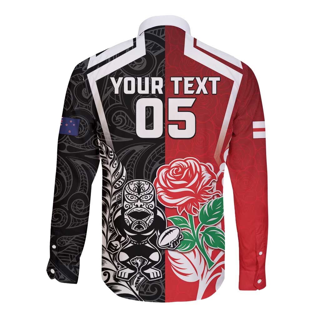 New Zealand And England Rugby Custom Long Sleeve Button Shirt Maori Tiki With Red Rose Together