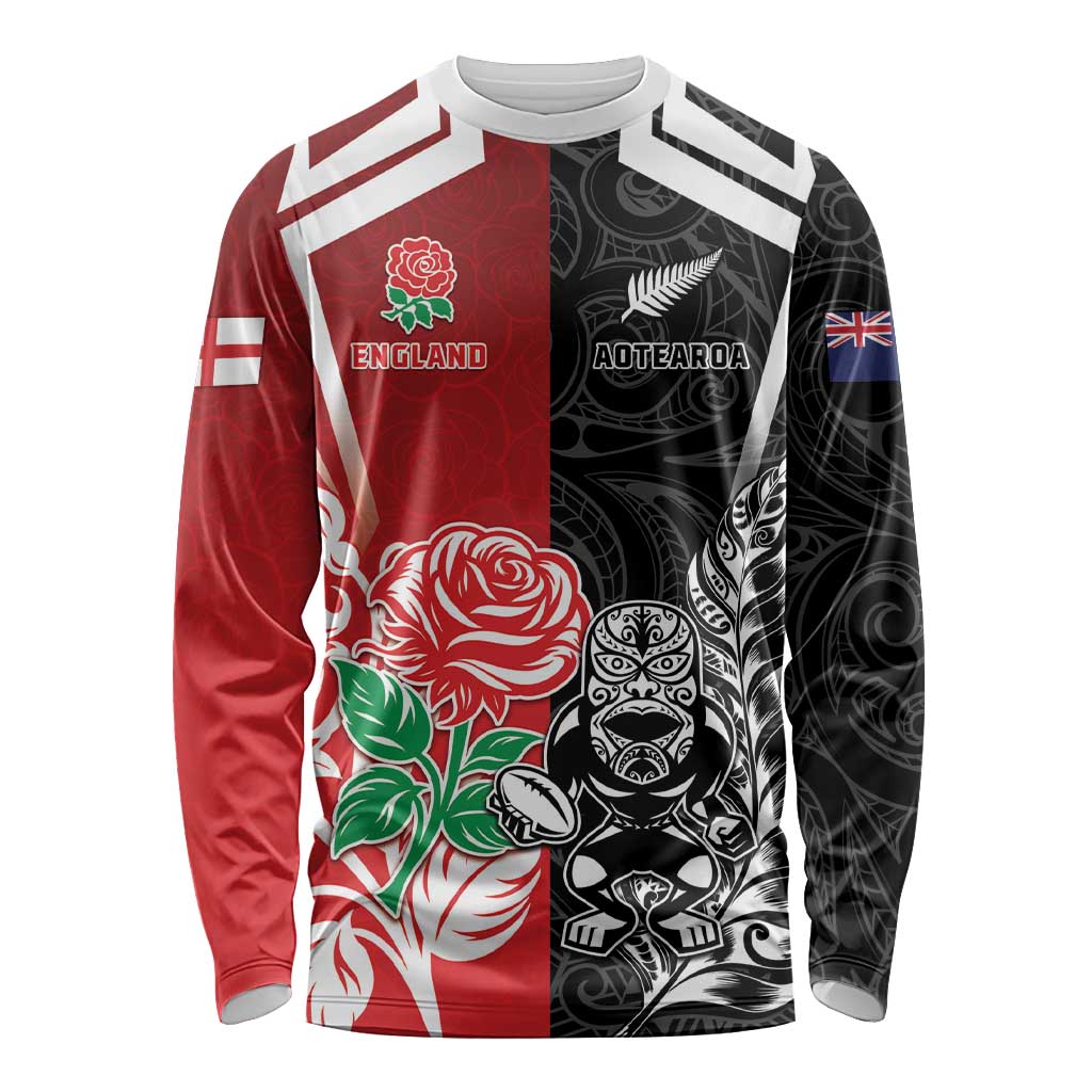 New Zealand And England Rugby Custom Long Sleeve Shirt Maori Tiki With Red Rose Together
