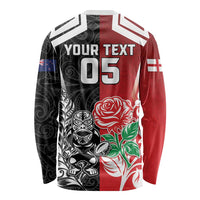 New Zealand And England Rugby Custom Long Sleeve Shirt Maori Tiki With Red Rose Together