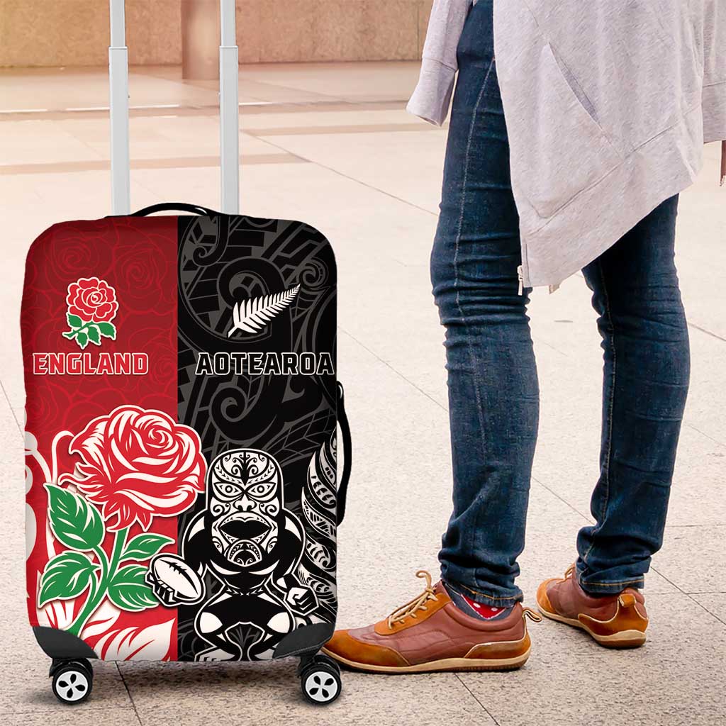 New Zealand And England Rugby Luggage Cover Maori Tiki With Red Rose Together