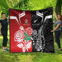 New Zealand And England Rugby Quilt Maori Tiki With Red Rose Together LT05 - Polynesian Pride