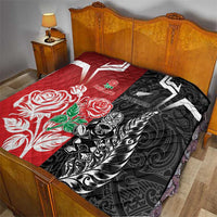 New Zealand And England Rugby Quilt Maori Tiki With Red Rose Together LT05 - Polynesian Pride