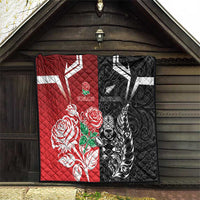 New Zealand And England Rugby Quilt Maori Tiki With Red Rose Together LT05 - Polynesian Pride