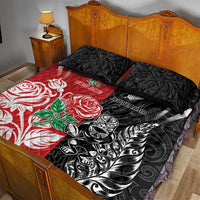 New Zealand And England Rugby Quilt Bed Set Maori Tiki With Red Rose Together