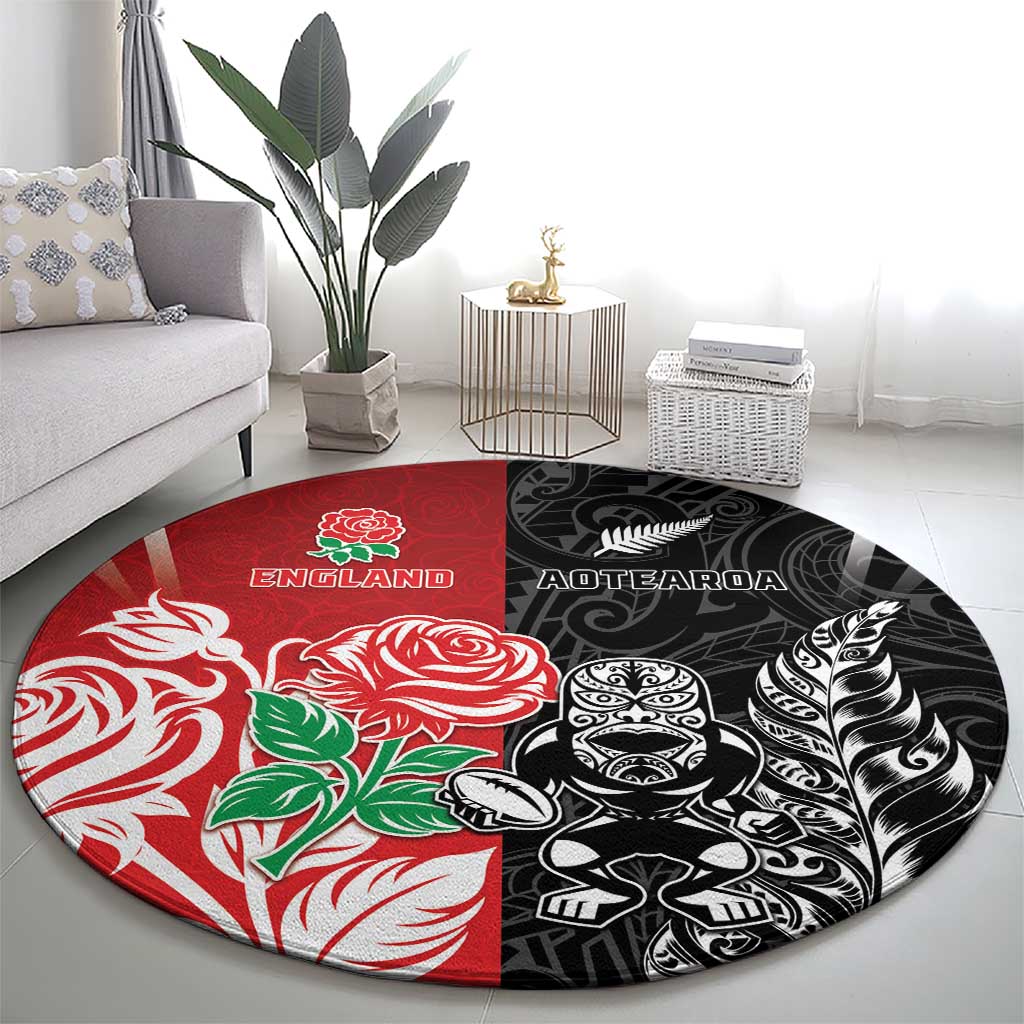 New Zealand And England Rugby Round Carpet Maori Tiki With Red Rose Together