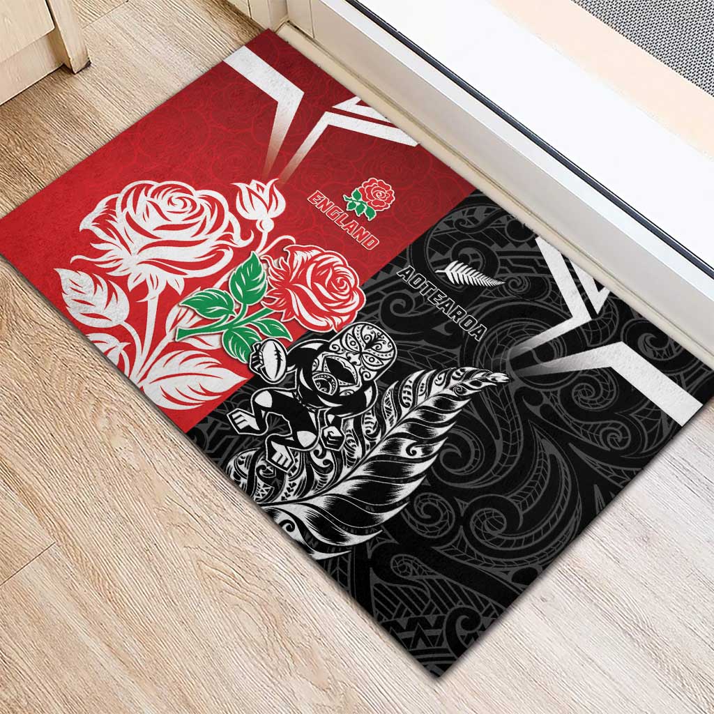 New Zealand And England Rugby Rubber Doormat Maori Tiki With Red Rose Together LT05 - Polynesian Pride