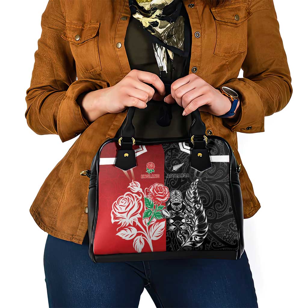 New Zealand And England Rugby Shoulder Handbag Maori Tiki With Red Rose Together