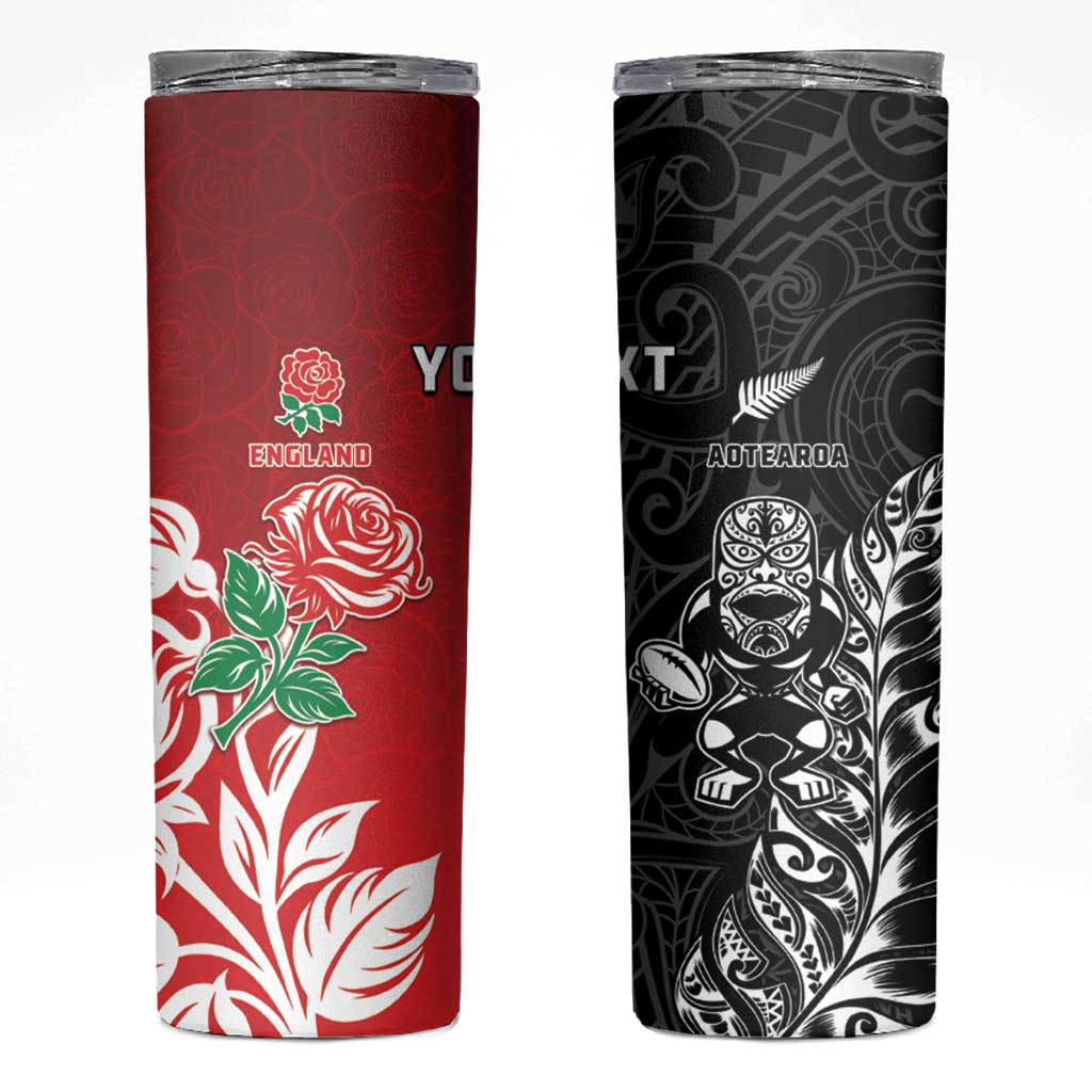 New Zealand And England Rugby Custom Skinny Tumbler Maori Tiki With Red Rose Together LT05 Red - Polynesian Pride