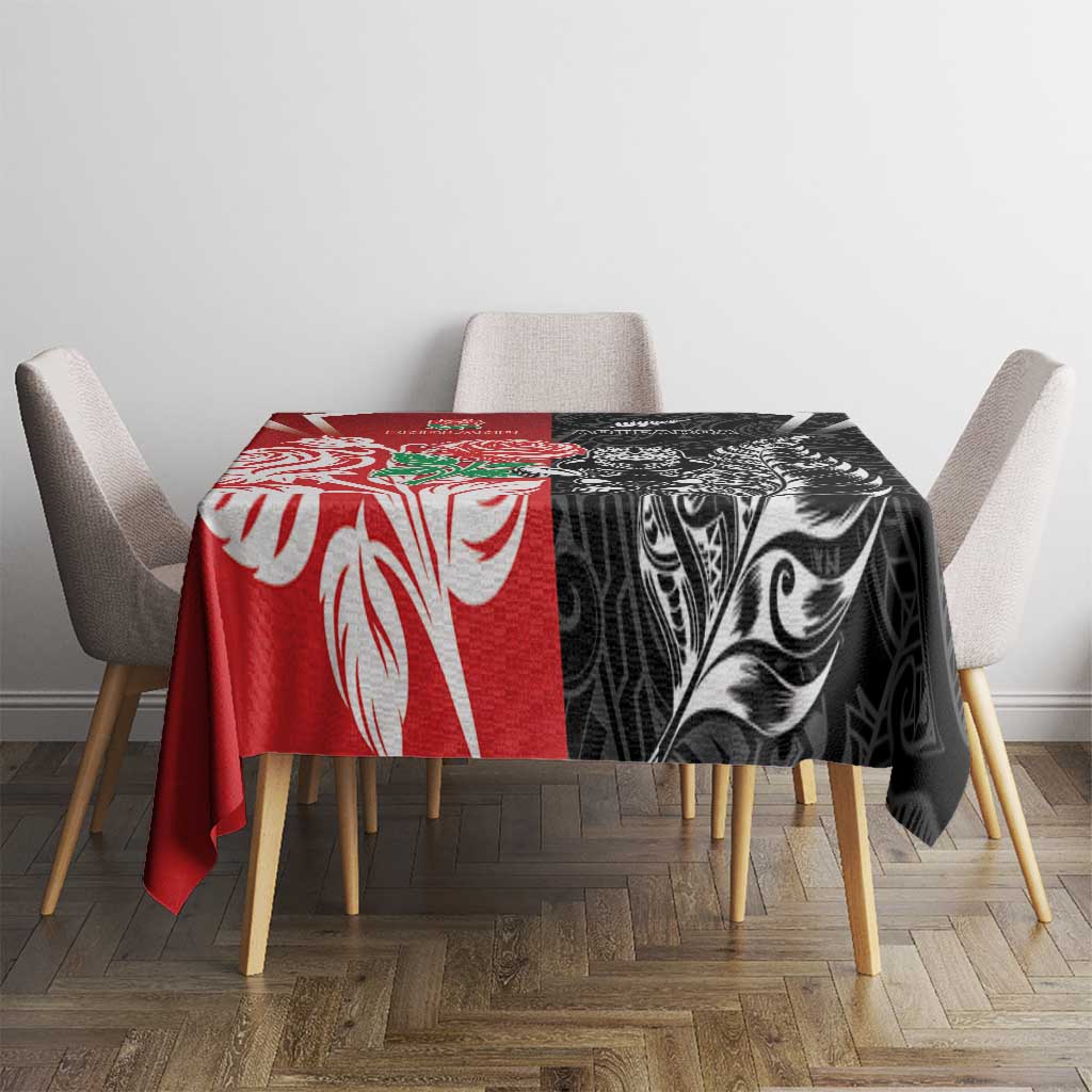 New Zealand And England Rugby Tablecloth Maori Tiki With Red Rose Together LT05 - Polynesian Pride