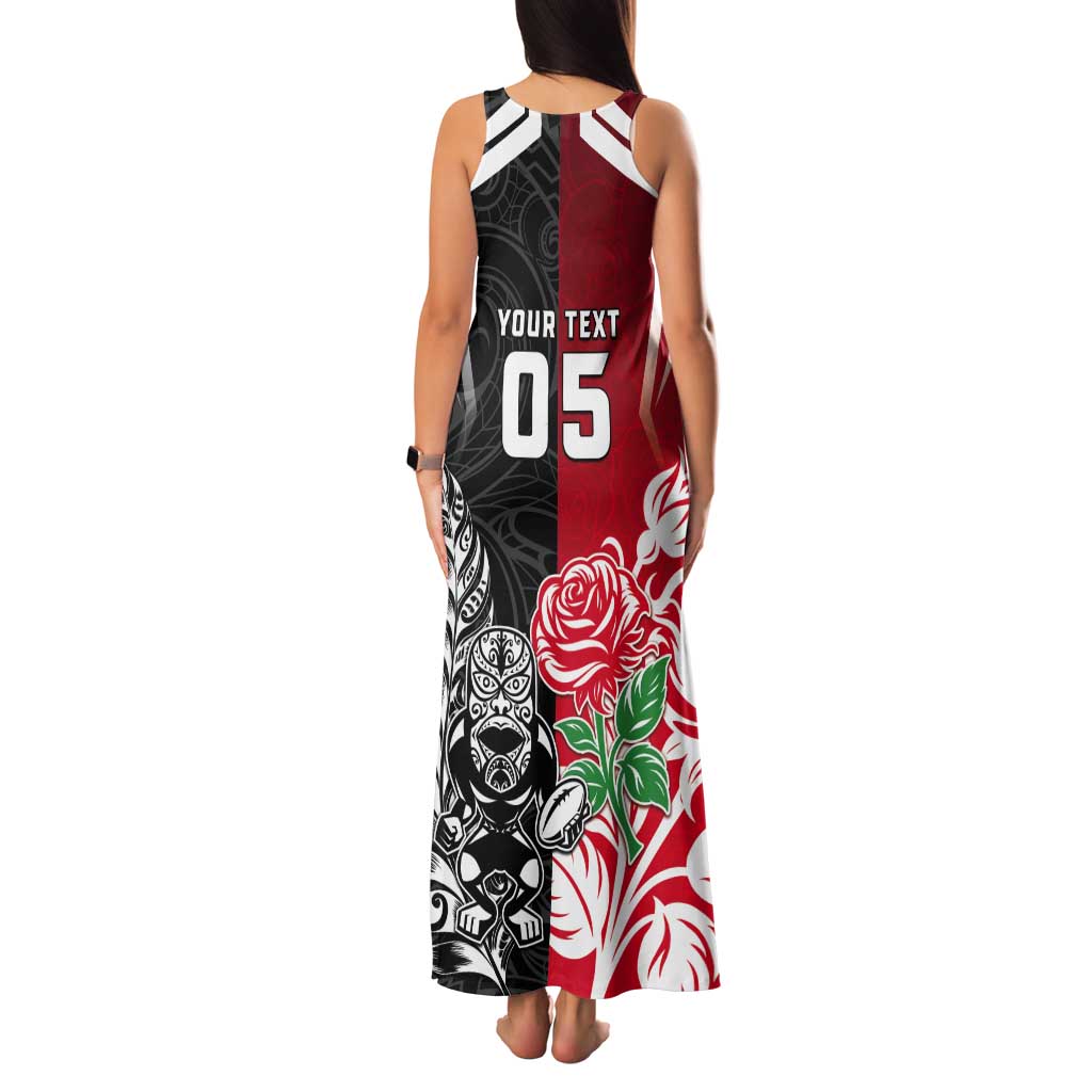 New Zealand And England Rugby Custom Tank Maxi Dress Maori Tiki With Red Rose Together