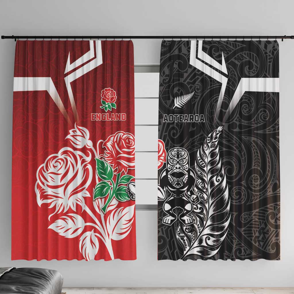 New Zealand And England Rugby Window Curtain Maori Tiki With Red Rose Together
