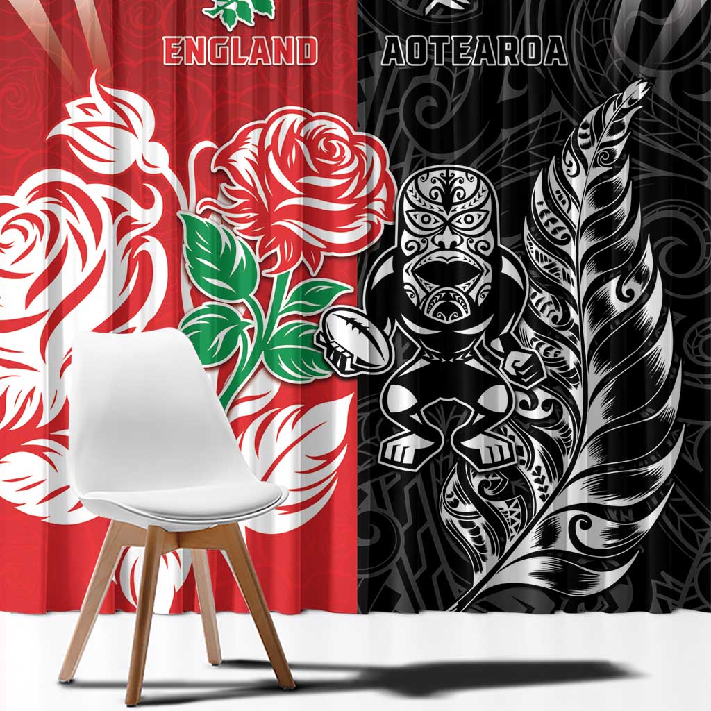 New Zealand And England Rugby Window Curtain Maori Tiki With Red Rose Together