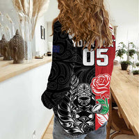 New Zealand And England Rugby Custom Women Casual Shirt Maori Tiki With Red Rose Together LT05 - Polynesian Pride