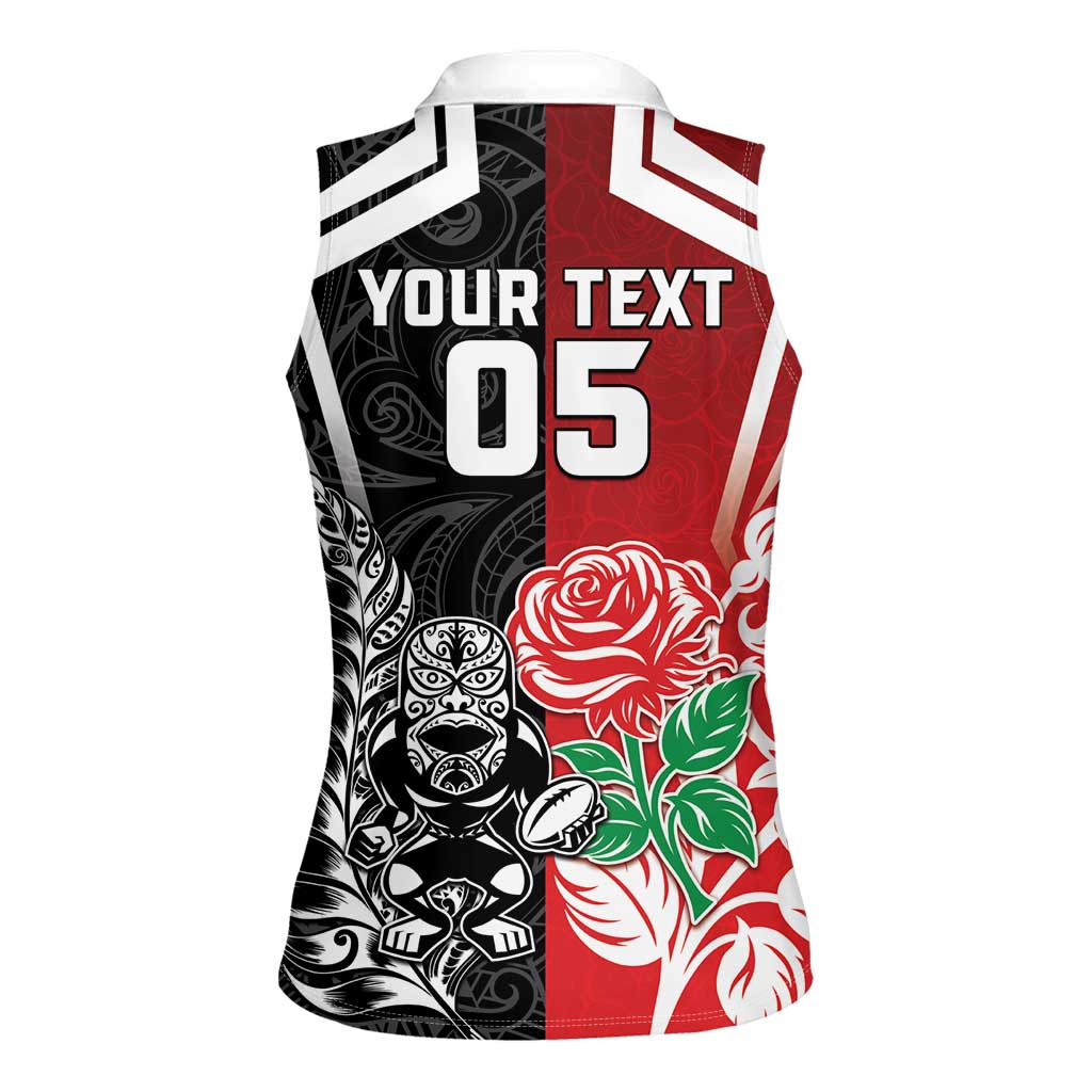 New Zealand And England Rugby Custom Women Sleeveless Polo Shirt Maori Tiki With Red Rose Together