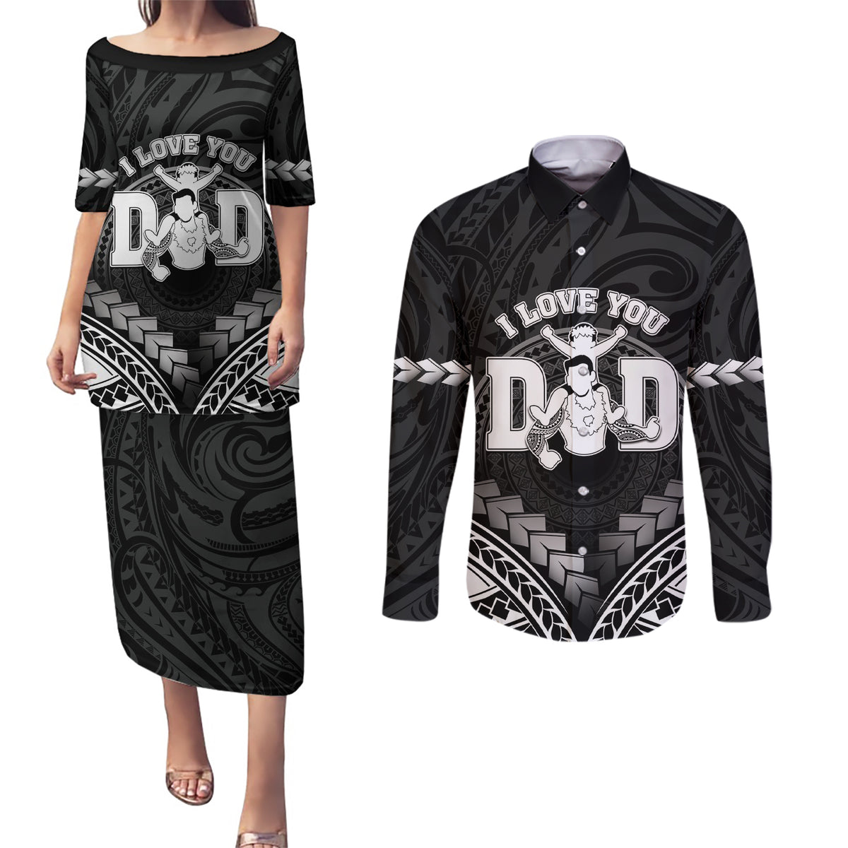 Personalised Happy Father's Day Couples Matching Puletasi and Long Sleeve Button Shirt I Love You Dad Polynesian Style