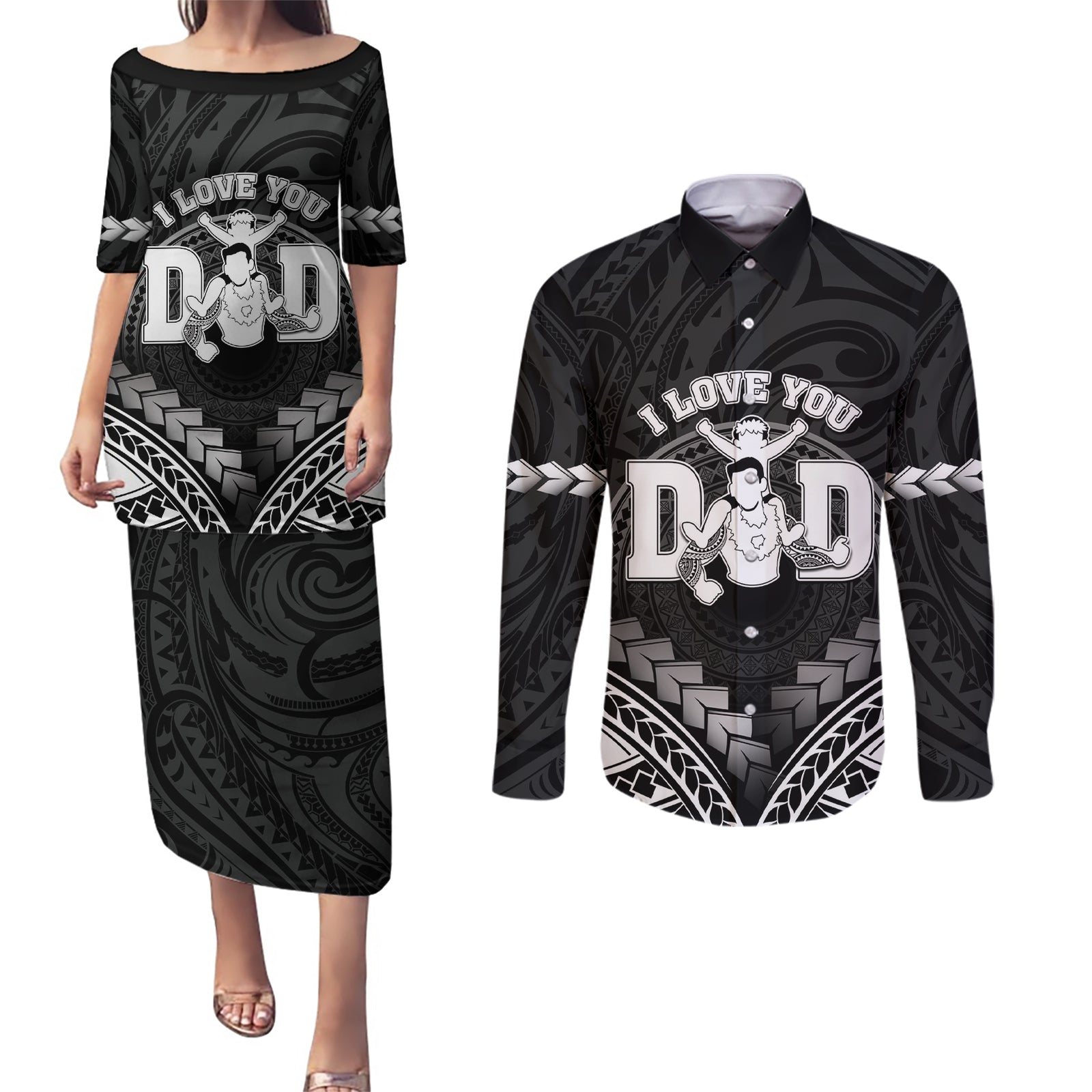 Personalised Happy Father's Day Couples Matching Puletasi and Long Sleeve Button Shirt I Love You Dad Polynesian Style
