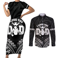 Personalised Happy Father's Day Couples Matching Short Sleeve Bodycon Dress and Long Sleeve Button Shirt I Love You Dad Polynesian Style LT05 Black - Polynesian Pride