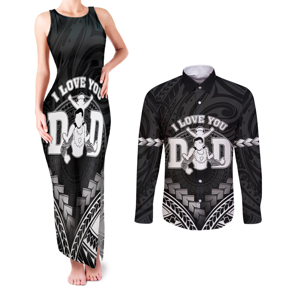 Personalised Happy Father's Day Couples Matching Tank Maxi Dress and Long Sleeve Button Shirt I Love You Dad Polynesian Style LT05 Black - Polynesian Pride