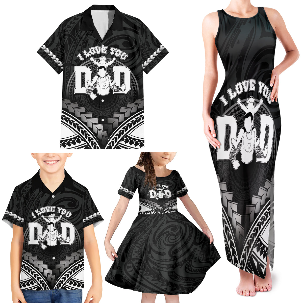 Personalised Happy Father's Day Family Matching Tank Maxi Dress and Hawaiian Shirt I Love You Dad Polynesian Style