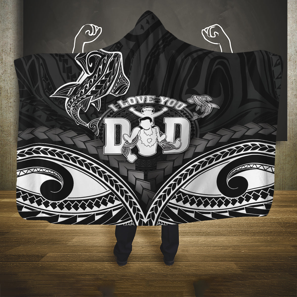 Happy Father's Day Hooded Blanket I Love You Dad Polynesian Style