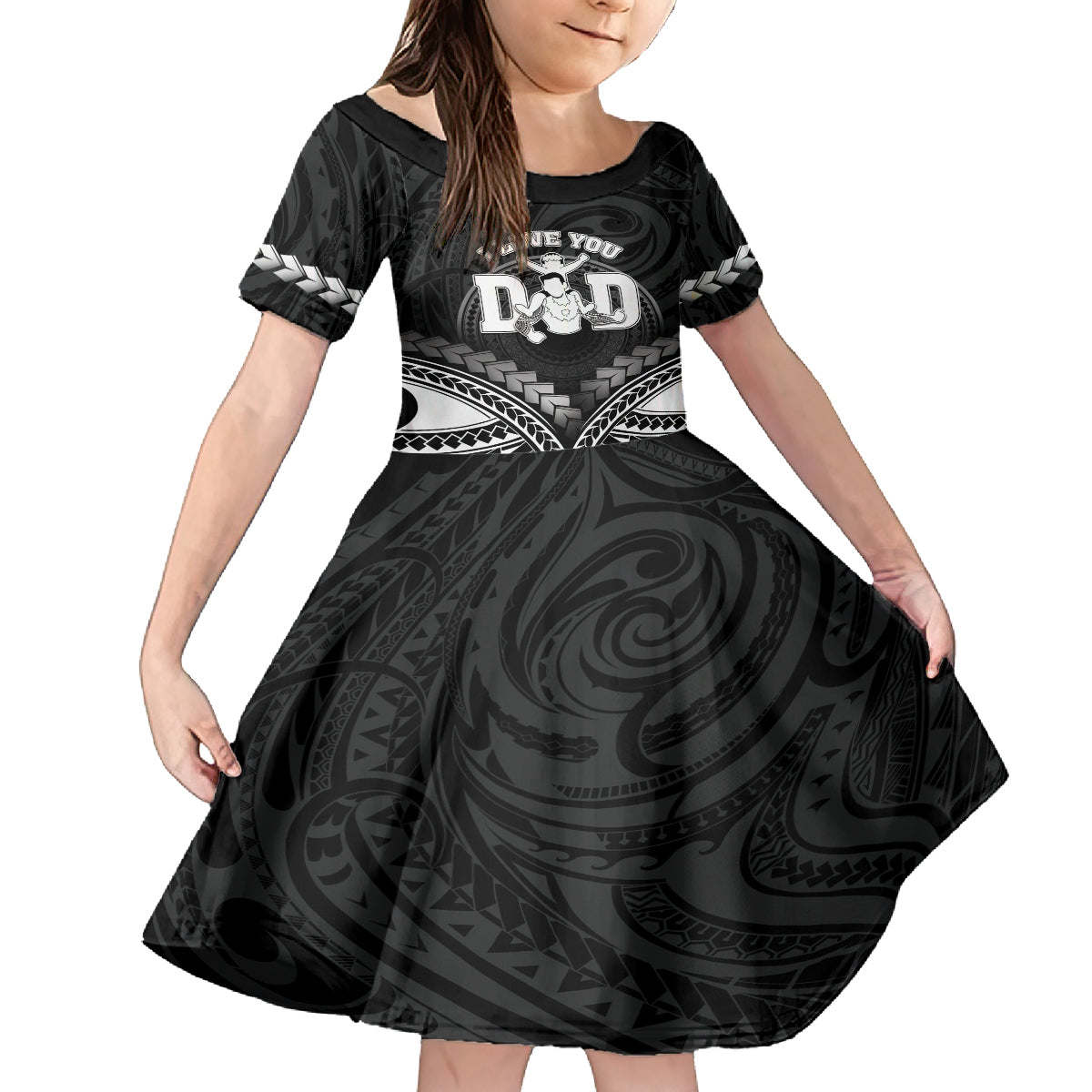 Personalised Happy Father's Day Kid Short Sleeve Dress I Love You Dad Polynesian Style LT05 KID Black - Polynesian Pride