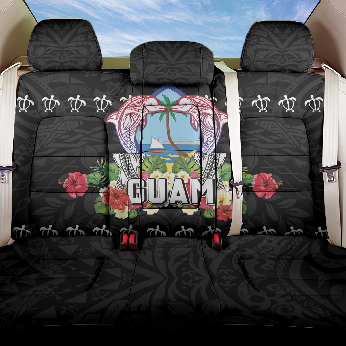 Guam Chamorro Back Car Seat Cover Tribal Latte Stone With Dolphins Black