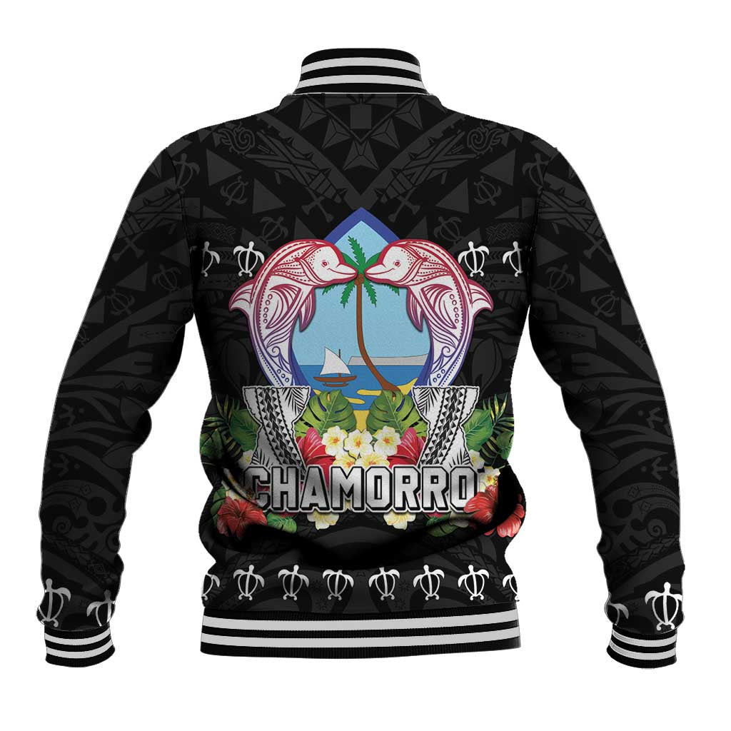 Guam Chamorro Baseball Jacket Tribal Latte Stone With Dolphins Black