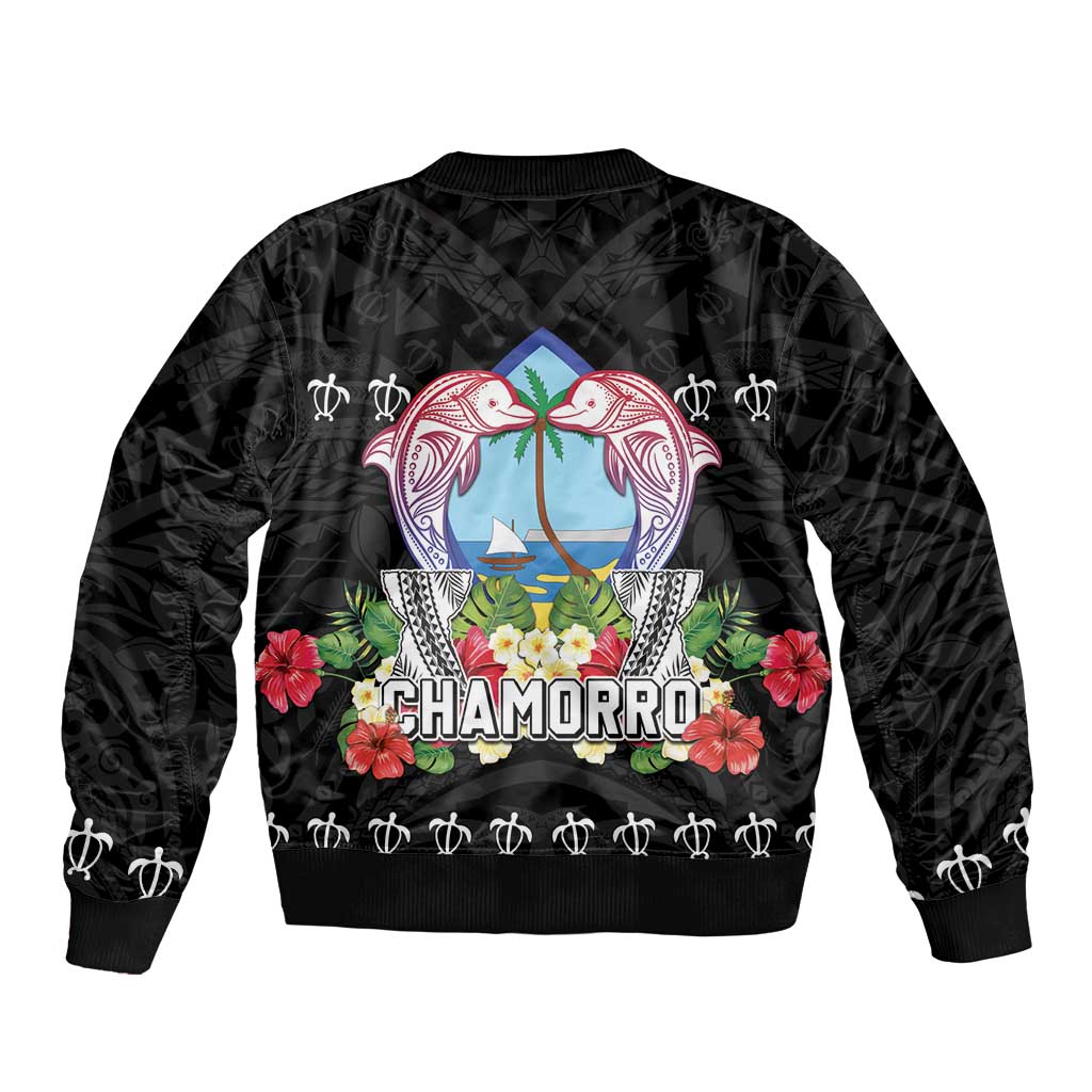 Guam Chamorro Bomber Jacket Tribal Latte Stone With Dolphins Black