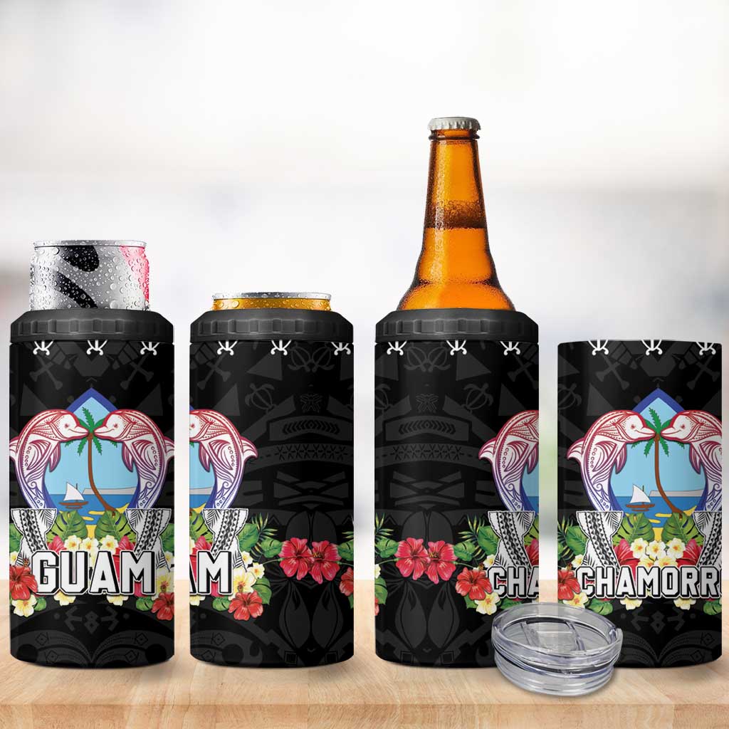 Guam Chamorro 4 in 1 Can Cooler Tumbler Tribal Latte Stone With Dolphins Black