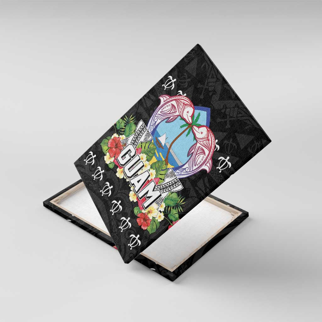 Guam Chamorro Canvas Wall Art Tribal Latte Stone With Dolphins Black