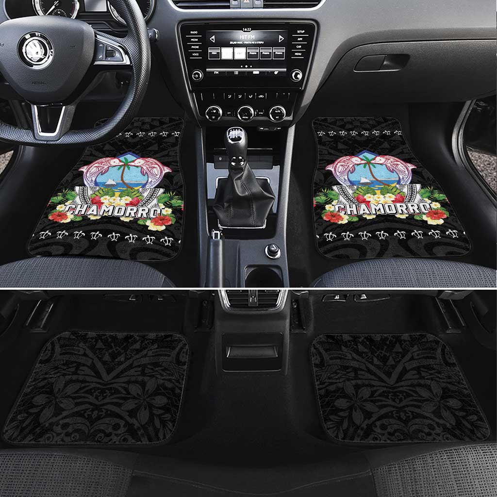 Guam Chamorro Car Mats Tribal Latte Stone With Dolphins Black LT05 Set 4pcs Black - Polynesian Pride