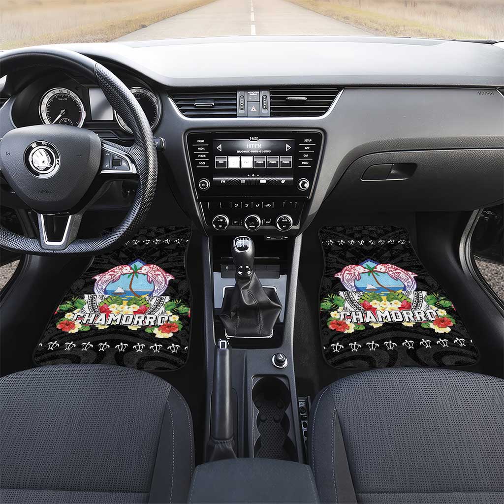 Guam Chamorro Car Mats Tribal Latte Stone With Dolphins Black LT05 Set 2pcs - Front Black - Polynesian Pride